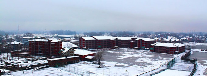 A view of snow capped school campus